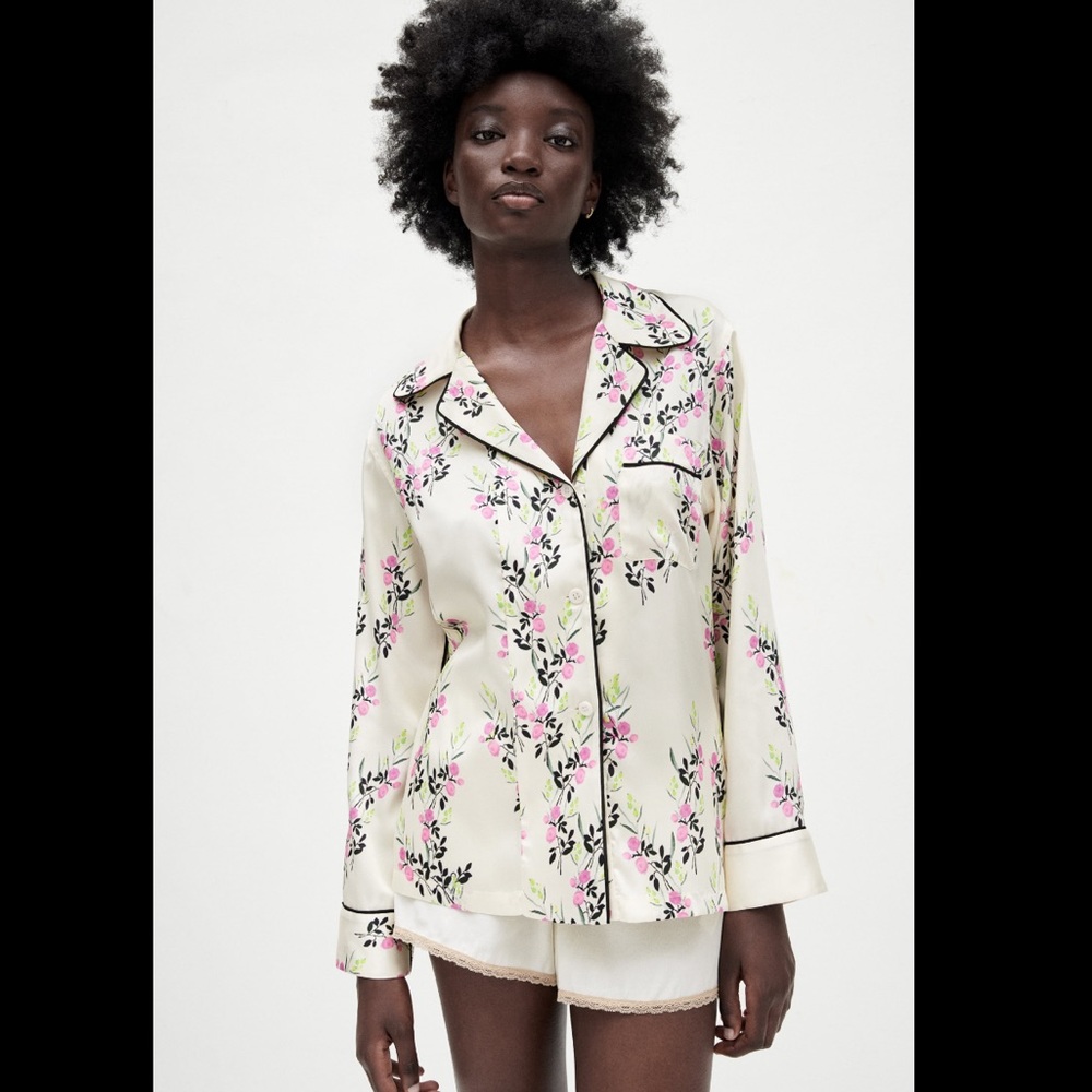 PRINTED SHIRT WITH PIPING Satin Effect Zara New S